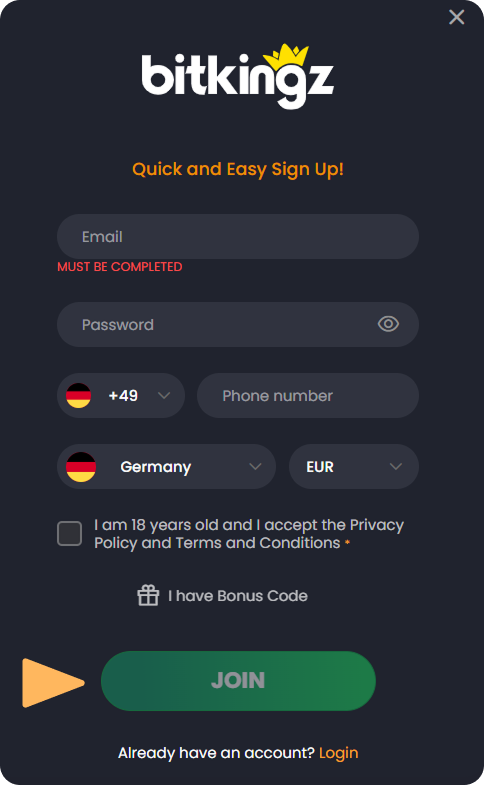 Third step in registration process on Bitkingz casino Registration Form